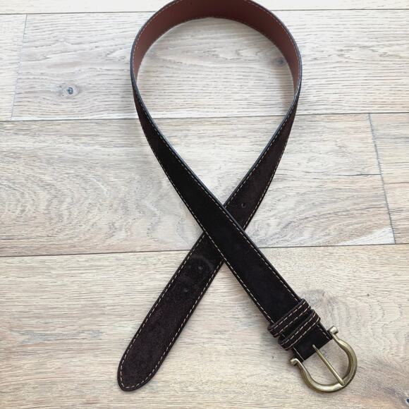 J. Hilburn Men's Brown Suede Orange Contrast Stitch Brass Buckle Belt Size 34 - Picture 9 of 10